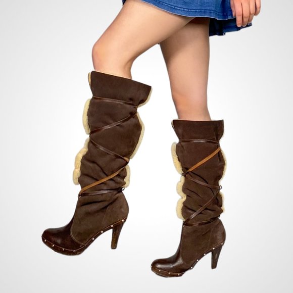 Michael Kors Suede and Sherpa Knee High Heeled Boots - Picture 1 of 4